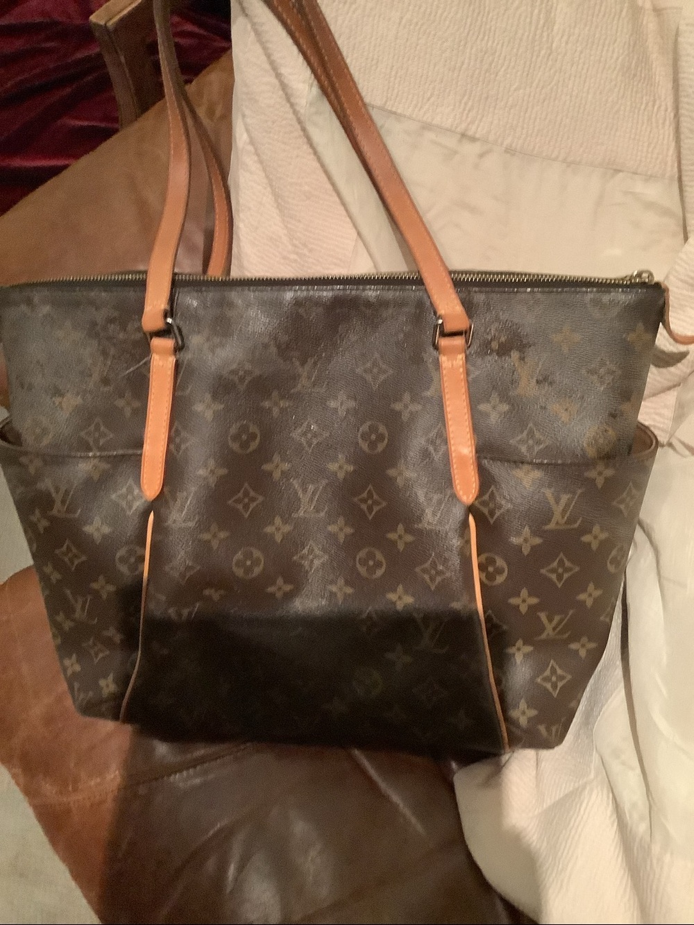 Monogram Canvas Tote Bag in Dark Brown with Tan Trim